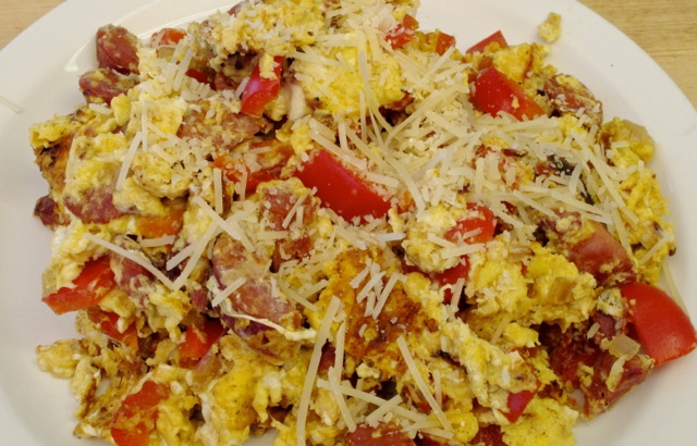 Scrambled Eggs with Sausage, Bell Pepper and Cheese